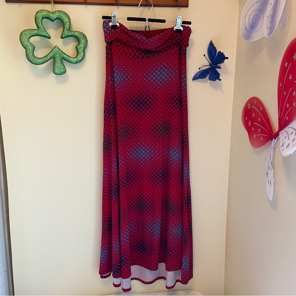 LULAROE Red Abstract Checkered Boxes Stretchy Skirt womens size Small